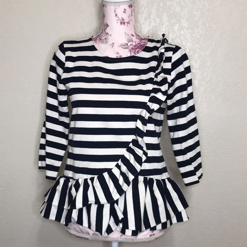 JCrew Asymmetrical Striped Ruffle Top Navy Muslin S